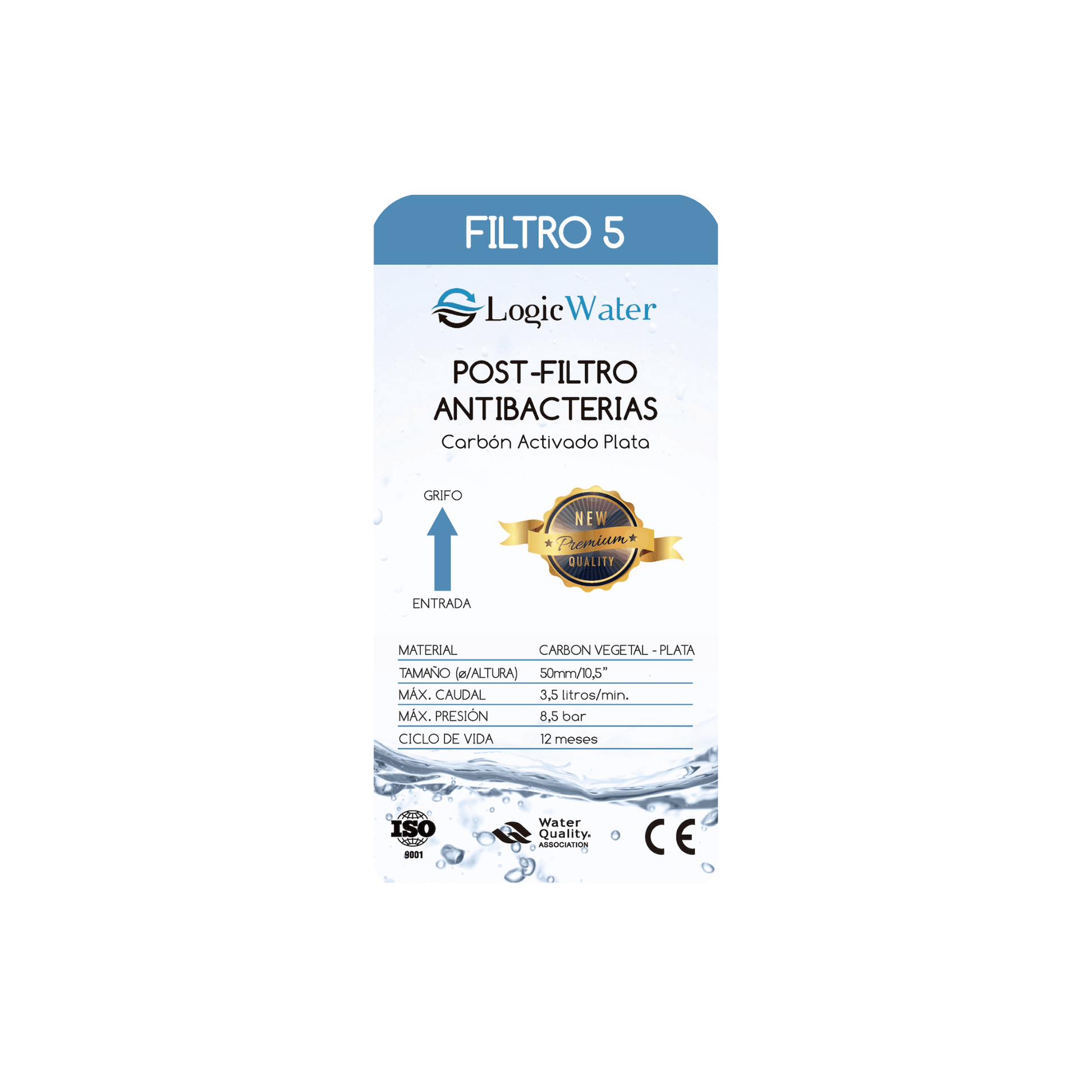 postfiltro antibacteria carbon vegetal plata con 10,5" de tamaño flujo de 3,5 litros por minuto y duración de 12meses